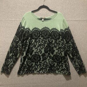 BOB MACKIE Long-Sleeve Printed Lace Pullover Sweater Green+Black EUC
